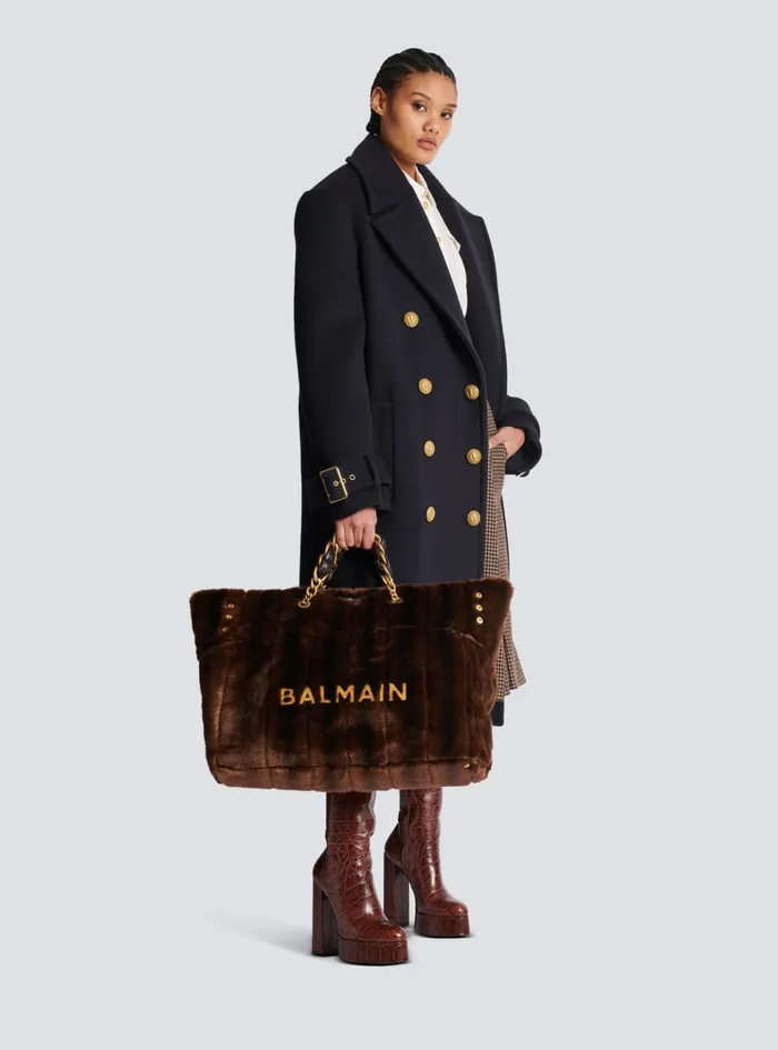 1945 Soft Faux Fur Tote Bag Brown Women Balmain Shoulder Bags