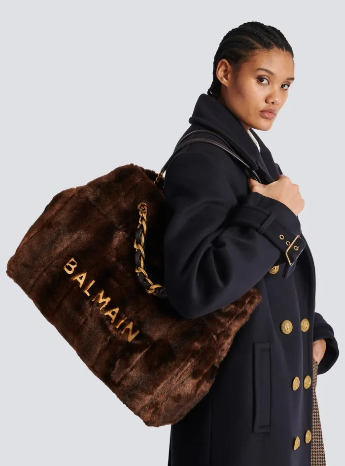 1945 Soft Faux Fur Tote Bag Brown Women Balmain Shoulder Bags