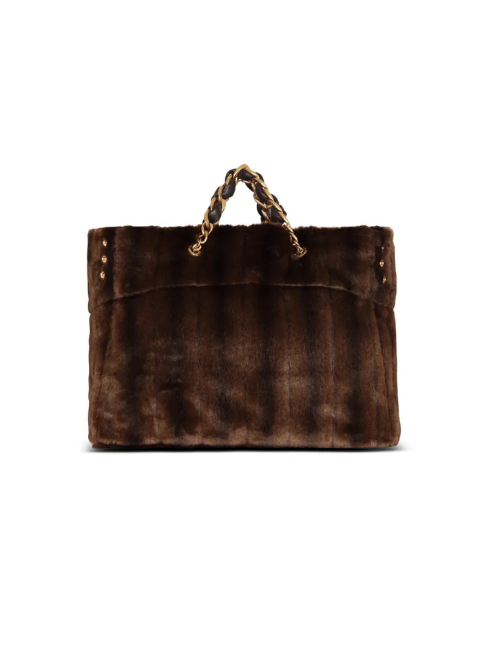 1945 Soft Faux Fur Tote Bag Brown Women Balmain Shoulder Bags