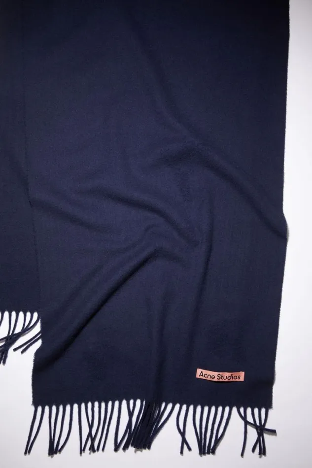 Acne Studios Fringe Wool Scarf Narrow Navy Blue Men Scarves