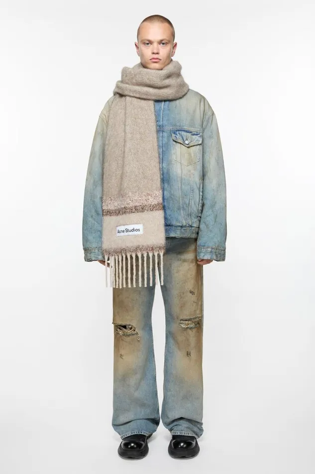 Acne Studios Fringed Scarf Logo Brownbeige Women Scarves