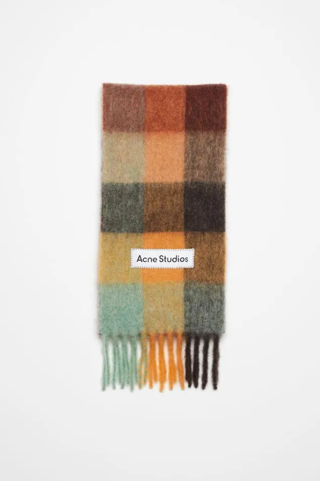 Acne Studios Mohair Checked Scarf Chestnut Brownyellowgreen Women Scarves