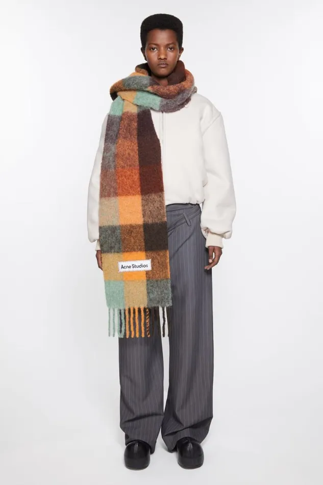 Acne Studios Mohair Checked Scarf Chestnut Brownyellowgreen Women Scarves