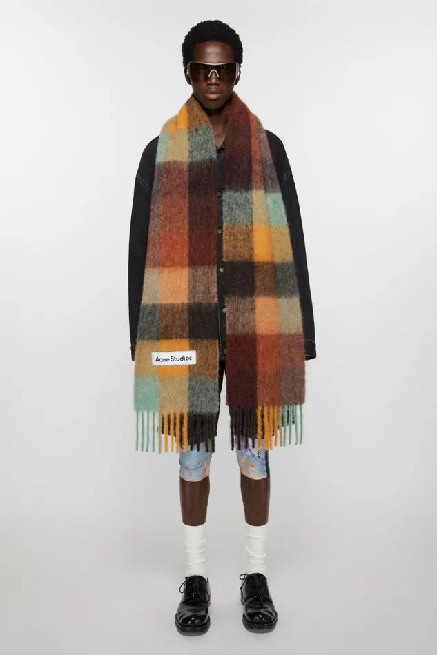 Acne Studios Mohair Checked Scarf Chestnut Brownyellowgreen Women Scarves