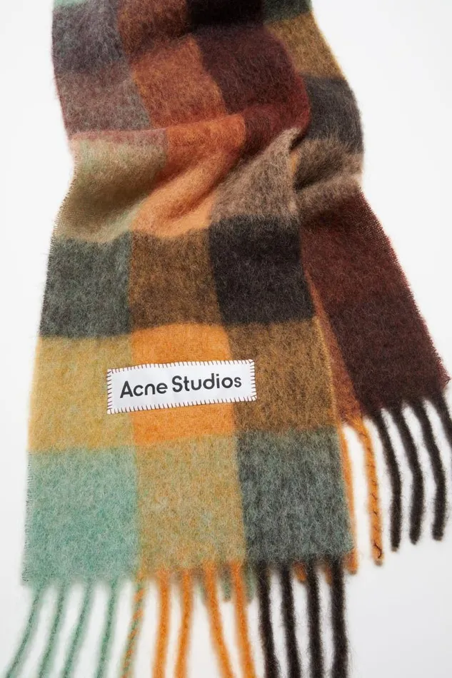 Acne Studios Mohair Checked Scarf Chestnut Brownyellowgreen Women Scarves