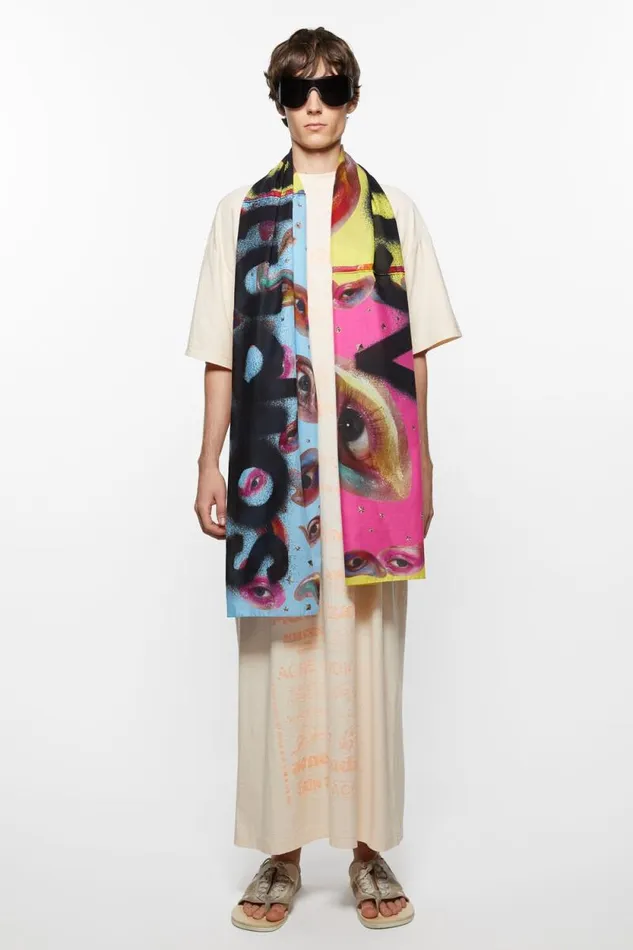 Acne Studios Printed Silk Scarf Pinkyelloworange Men Scarves