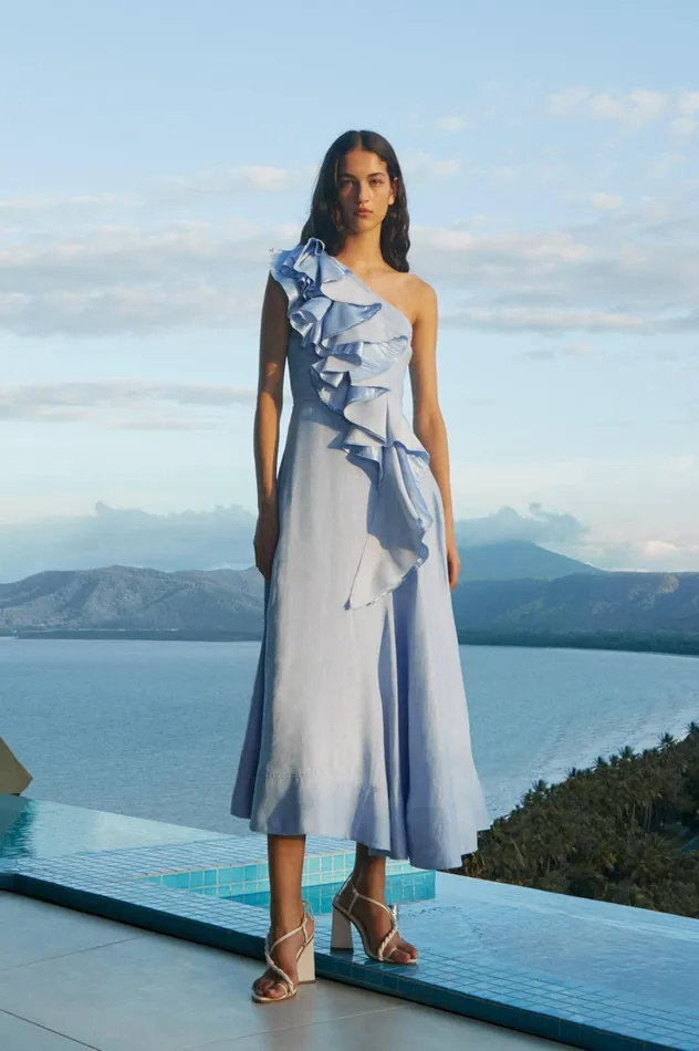 Adelia Ruffle Midi Dress Light Sky Blue Women Aje Bridesmaid Dresses
