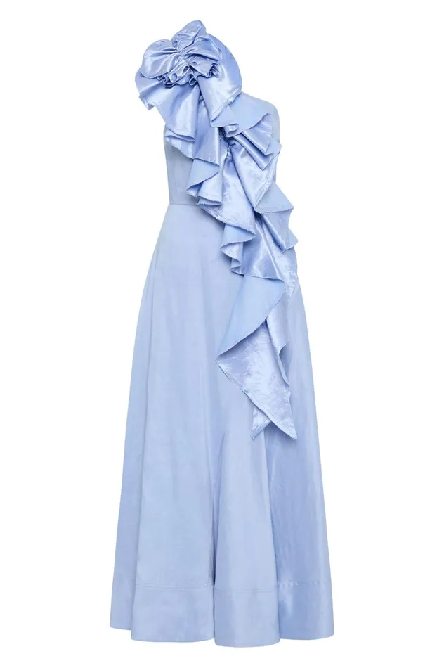 Adelia Ruffle Midi Dress Light Sky Blue Women Aje Bridesmaid Dresses
