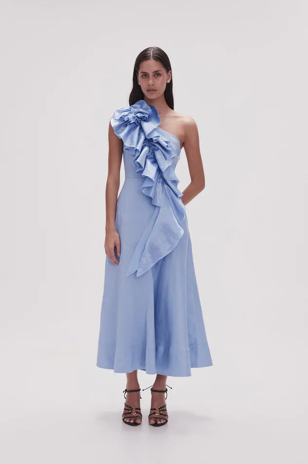 Adelia Ruffle Midi Dress Light Sky Blue Women Aje Bridesmaid Dresses