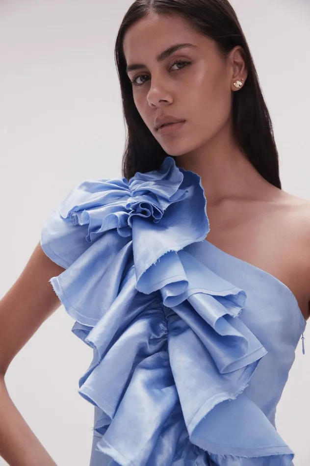 Adelia Ruffle Midi Dress Light Sky Blue Women Aje Bridesmaid Dresses