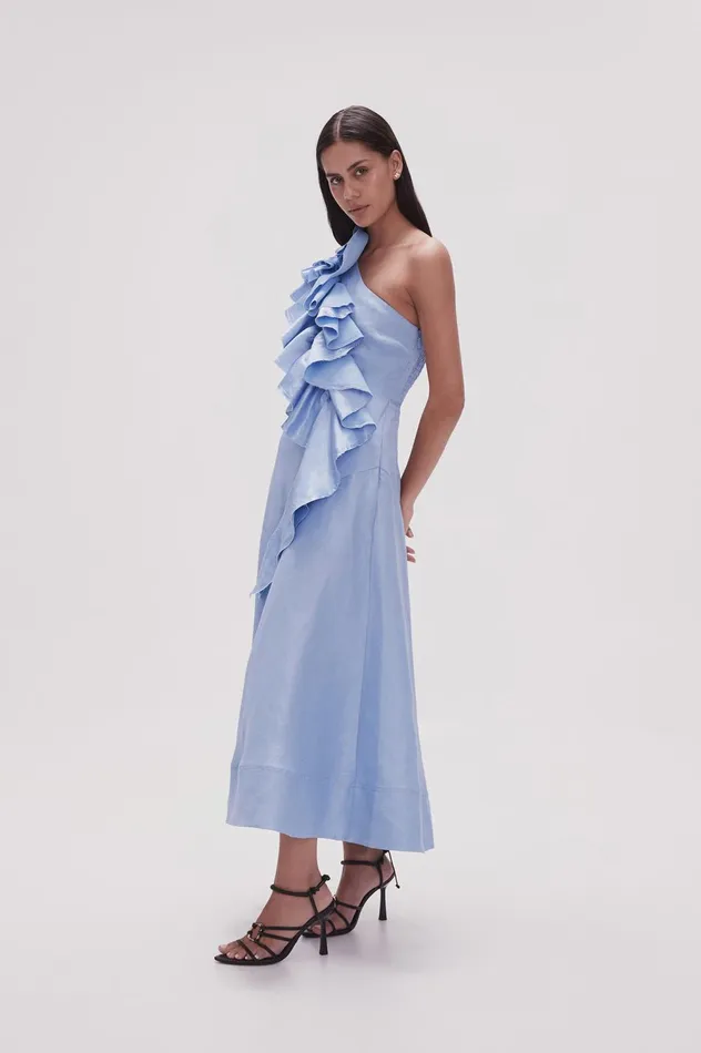 Adelia Ruffle Midi Dress Light Sky Blue Women Aje Bridesmaid Dresses