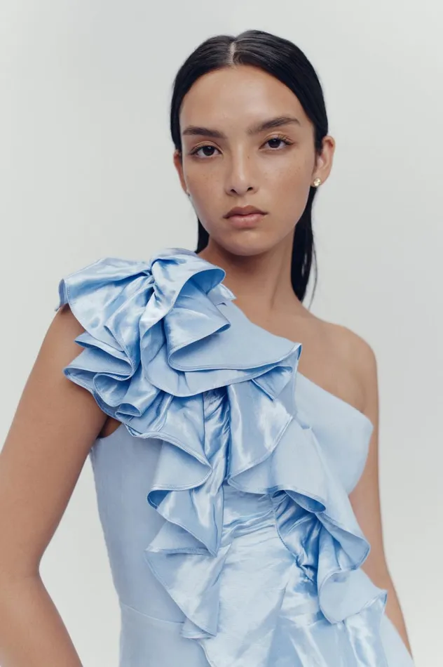 Adelia Ruffle Midi Dress Light Sky Blue Women Aje Bridesmaid Dresses