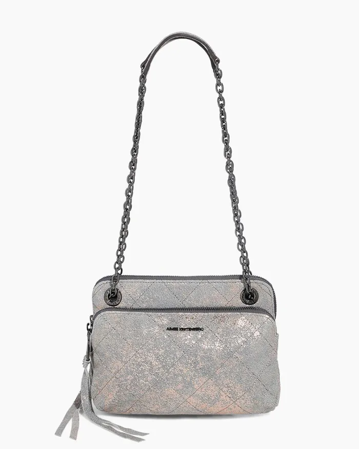 Aimee Kestenberg Crossbody Bags Women Maven Quilted Double Crossbody Rose Gold Distressed Denim