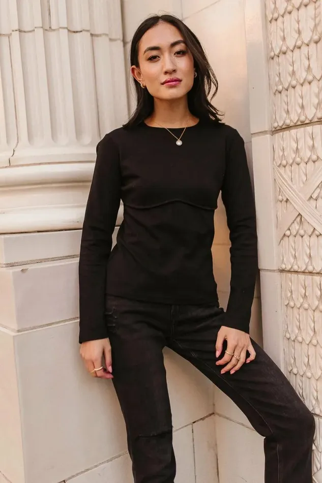 Alexa Long Sleeve Top In Black Black Women Bohme Tees and Tanks