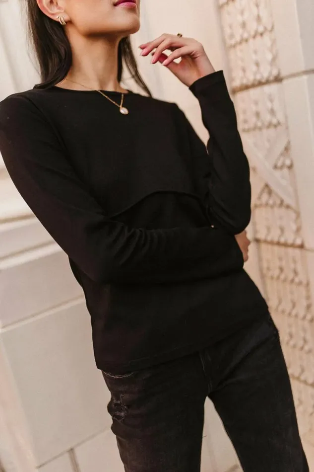 Alexa Long Sleeve Top In Black Black Women Bohme Tees and Tanks