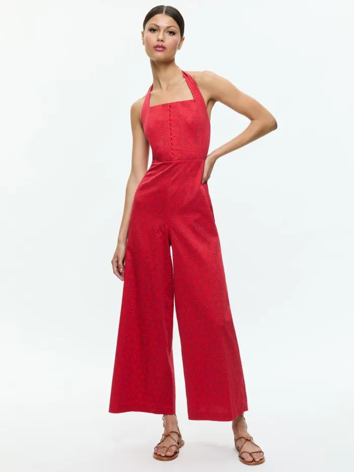 Alice Olivia AIDA CROPPED HALTER JUMPSUIT Symmetry Red Apple Women Jumpsuits Rompers