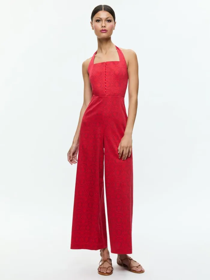 Alice Olivia AIDA CROPPED HALTER JUMPSUIT Symmetry Red Apple Women Jumpsuits Rompers