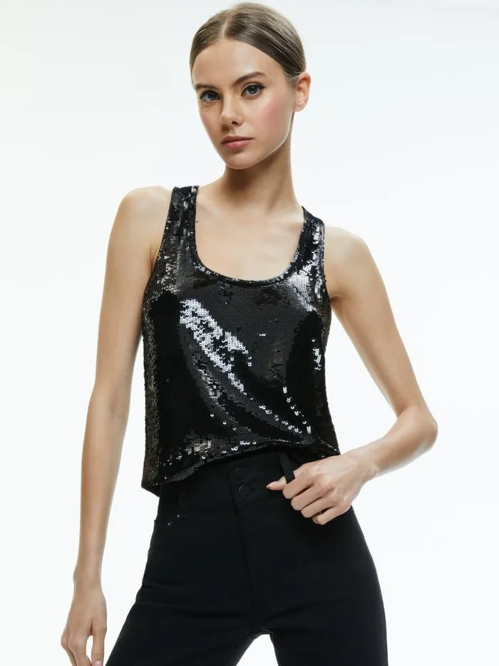 Alice Olivia AVRIL SEQUIN BOXY TANK Black Women Tops