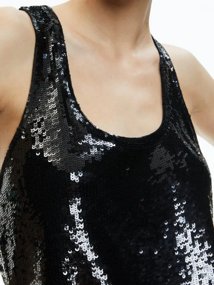 Alice Olivia AVRIL SEQUIN BOXY TANK Black Women Tops