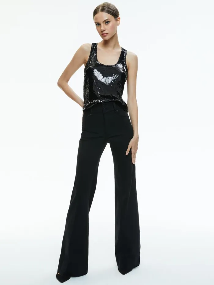 Alice Olivia AVRIL SEQUIN BOXY TANK Black Women Tops