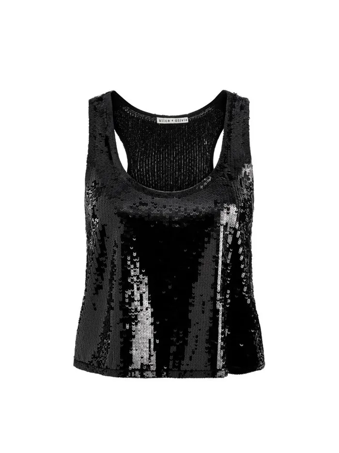 Alice Olivia AVRIL SEQUIN BOXY TANK Black Women Tops