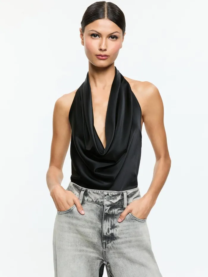 Alice Olivia AYANNA DEEP COWL TOP Black Women Tops