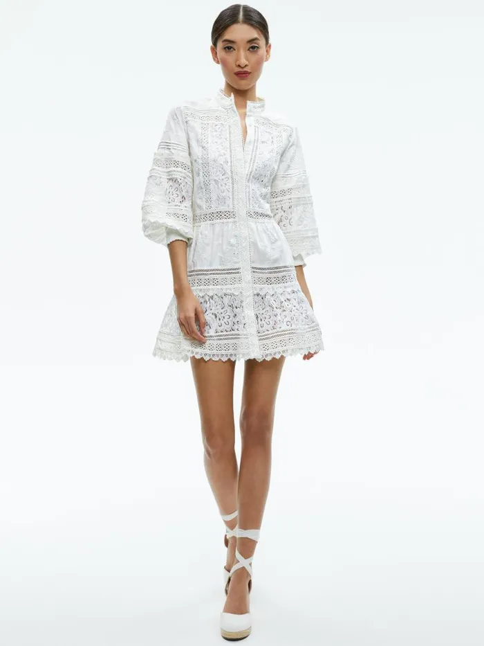 Alice Olivia CAILIN TUNIC TIERED MINI DRESS Off White Women Dresses