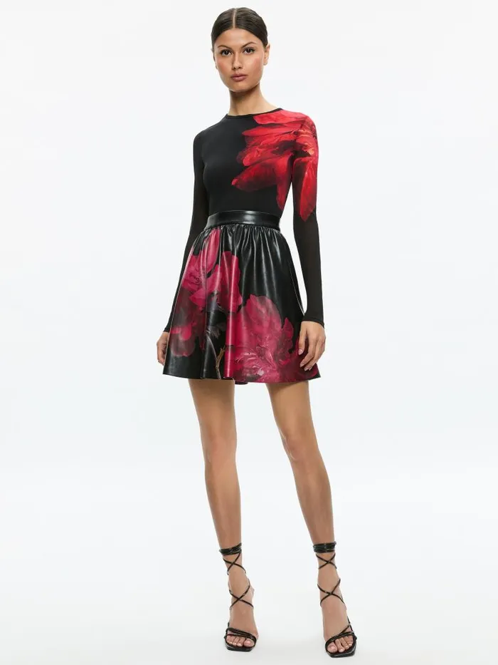 Alice Olivia CHARA VEGAN LEATHER CREW NECK LONG SLEEVE GATHERED DRESS Peony Petals Bright Ruby Women Dresses