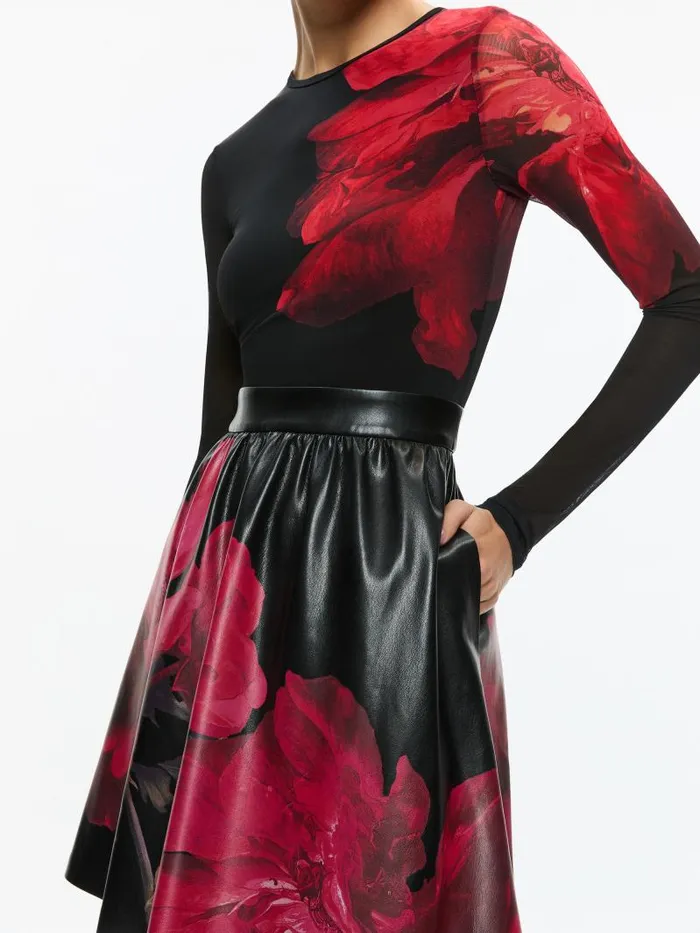 Alice Olivia CHARA VEGAN LEATHER CREW NECK LONG SLEEVE GATHERED DRESS Peony Petals Bright Ruby Women Dresses
