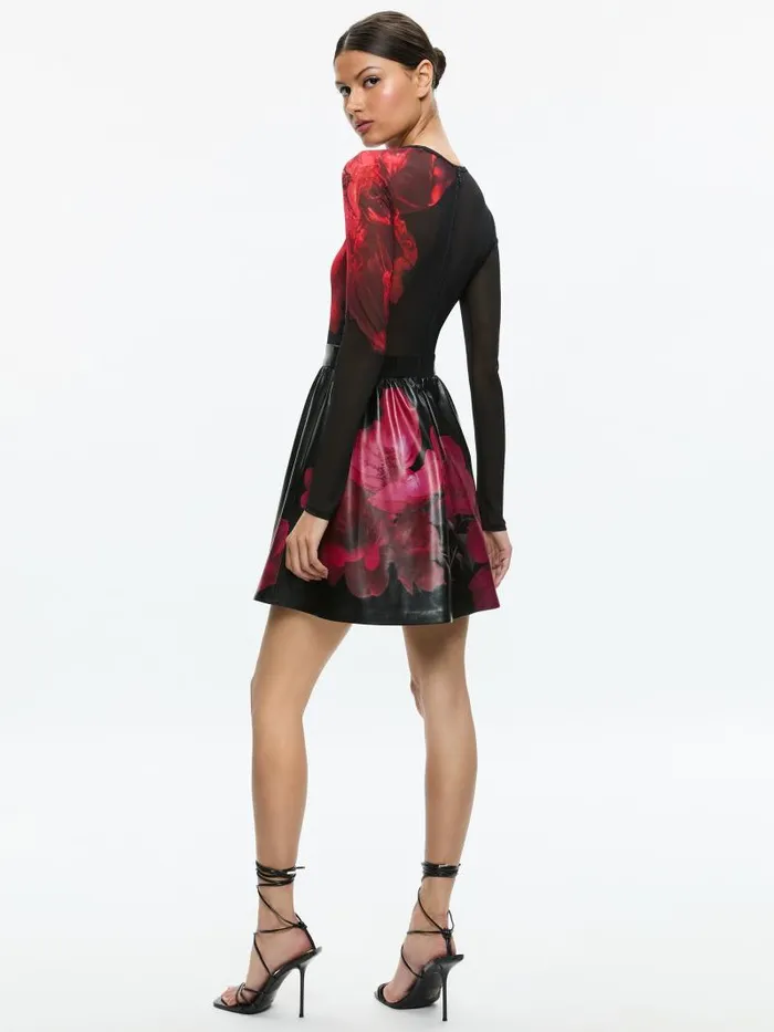 Alice Olivia CHARA VEGAN LEATHER CREW NECK LONG SLEEVE GATHERED DRESS Peony Petals Bright Ruby Women Dresses