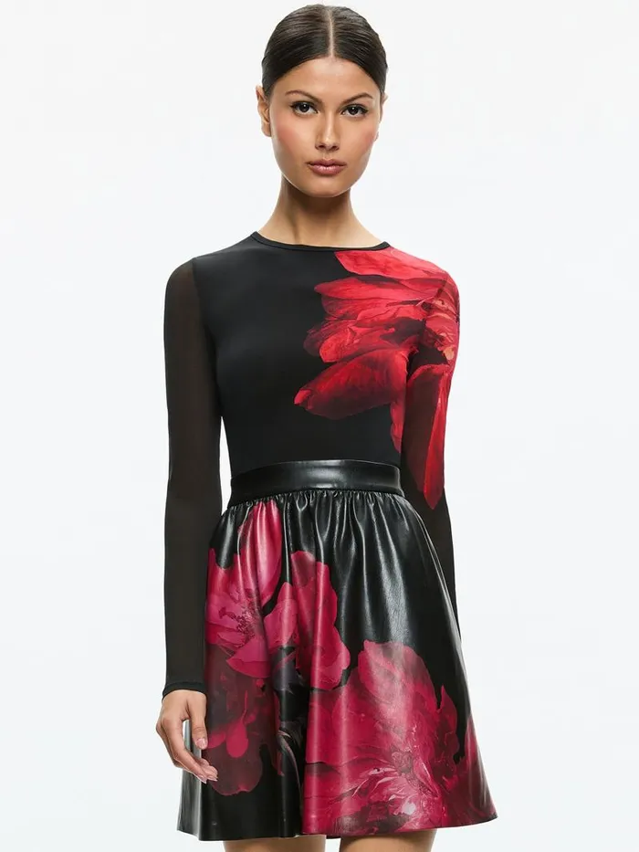 Alice Olivia CHARA VEGAN LEATHER CREW NECK LONG SLEEVE GATHERED DRESS Peony Petals Bright Ruby Women Dresses