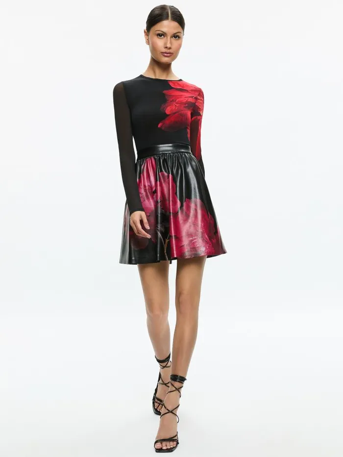 Alice Olivia CHARA VEGAN LEATHER CREW NECK LONG SLEEVE GATHERED DRESS Peony Petals Bright Ruby Women Dresses