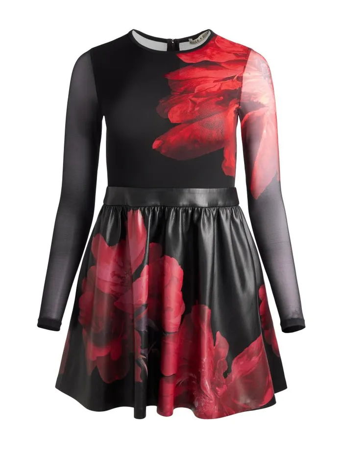 Alice Olivia CHARA VEGAN LEATHER CREW NECK LONG SLEEVE GATHERED DRESS Peony Petals Bright Ruby Women Dresses