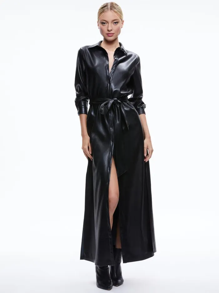 Alice Olivia CHASSIDY VEGAN LEATHER MAXI SHIRT DRESS Black Women Dresses