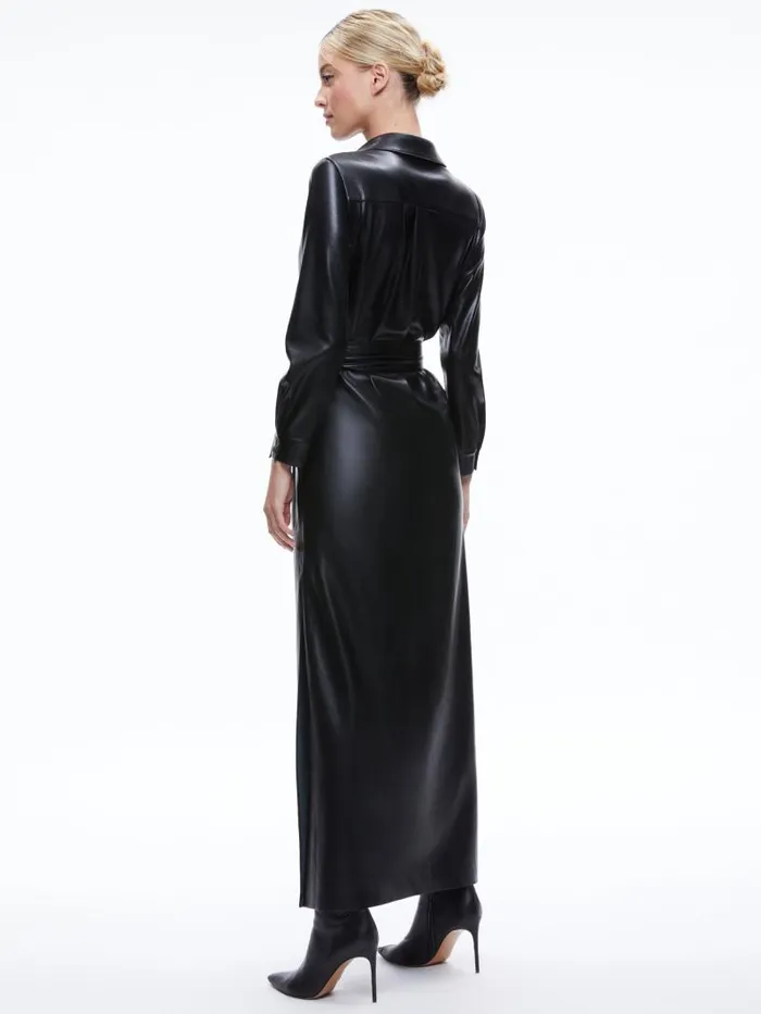 Alice Olivia CHASSIDY VEGAN LEATHER MAXI SHIRT DRESS Black Women Dresses