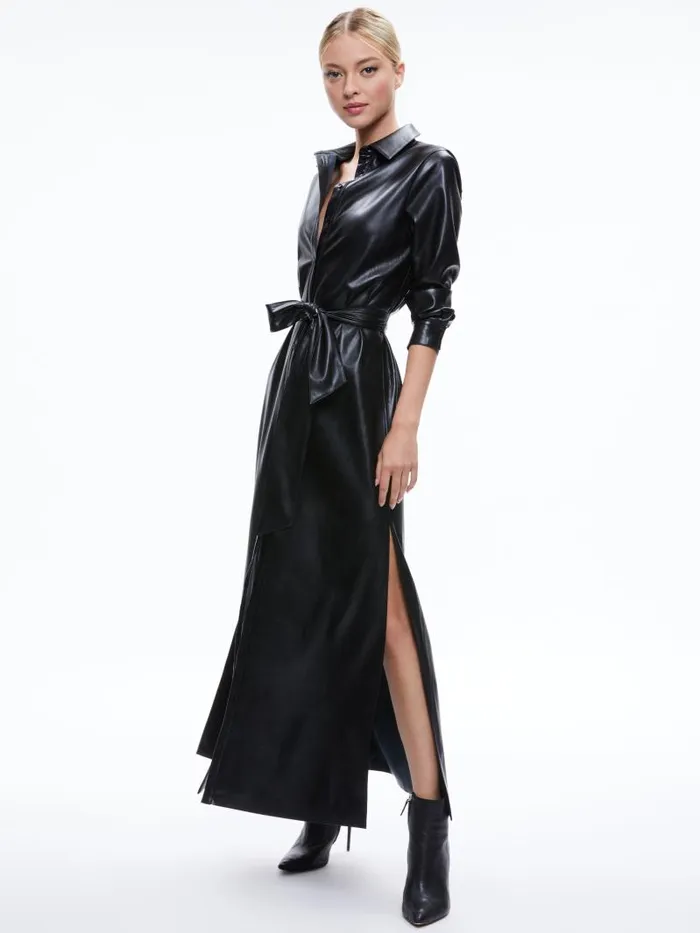 Alice Olivia CHASSIDY VEGAN LEATHER MAXI SHIRT DRESS Black Women Dresses