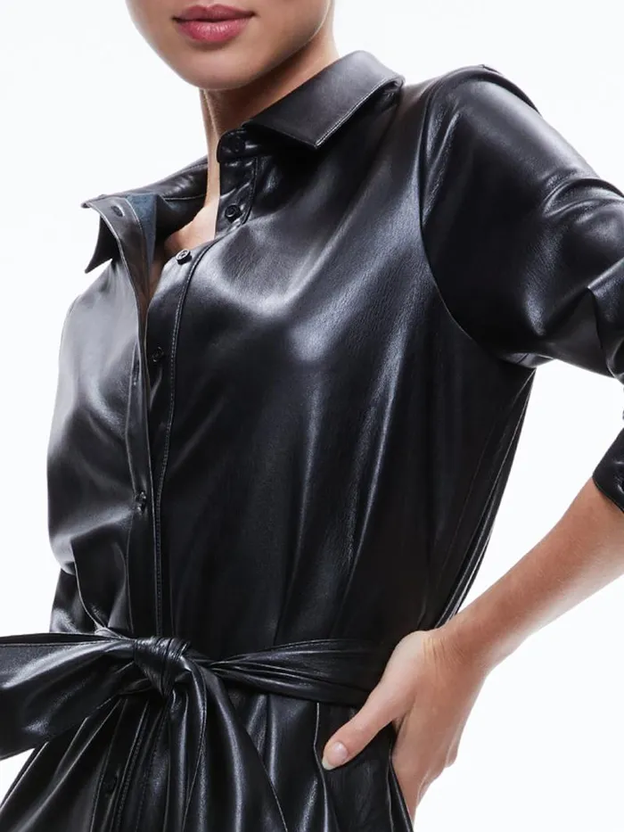 Alice Olivia CHASSIDY VEGAN LEATHER MAXI SHIRT DRESS Black Women Dresses