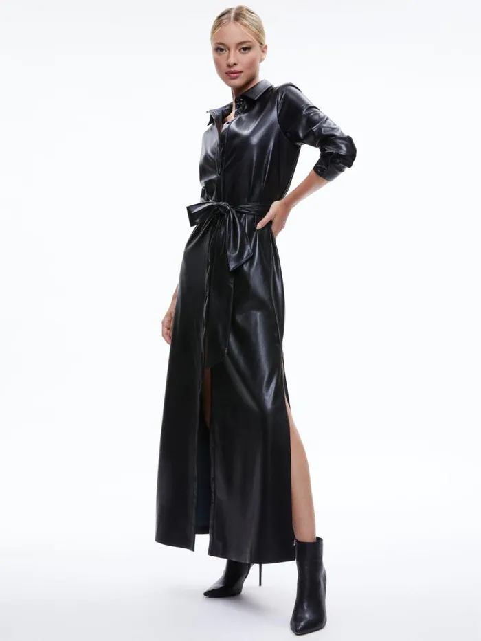 Alice Olivia CHASSIDY VEGAN LEATHER MAXI SHIRT DRESS Black Women Dresses