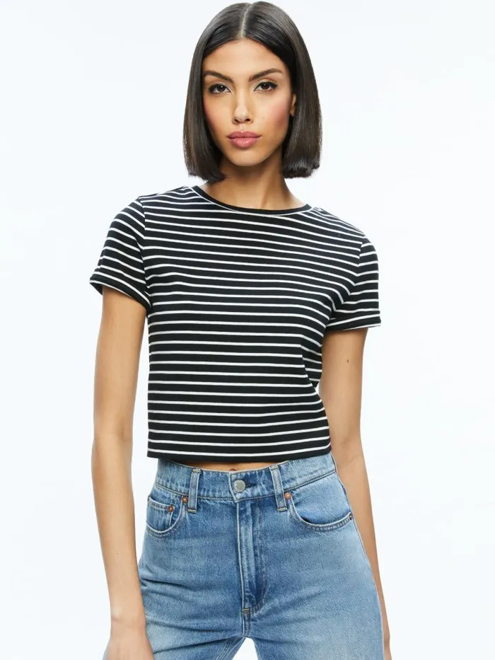 Alice Olivia CINDY CLASSIC CROPPED TEE Blackoff White Stripe Women Tops