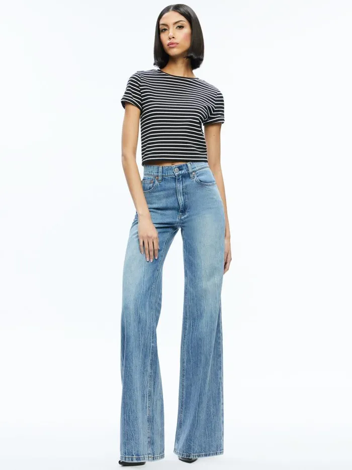 Alice Olivia CINDY CLASSIC CROPPED TEE Blackoff White Stripe Women Tops