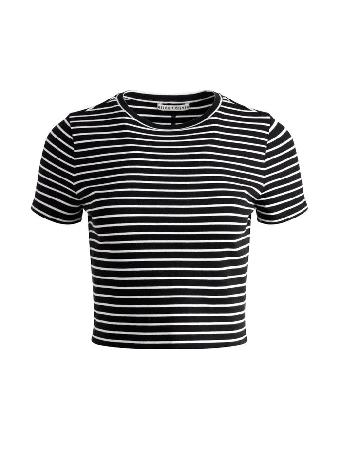 Alice Olivia CINDY CLASSIC CROPPED TEE Blackoff White Stripe Women Tops