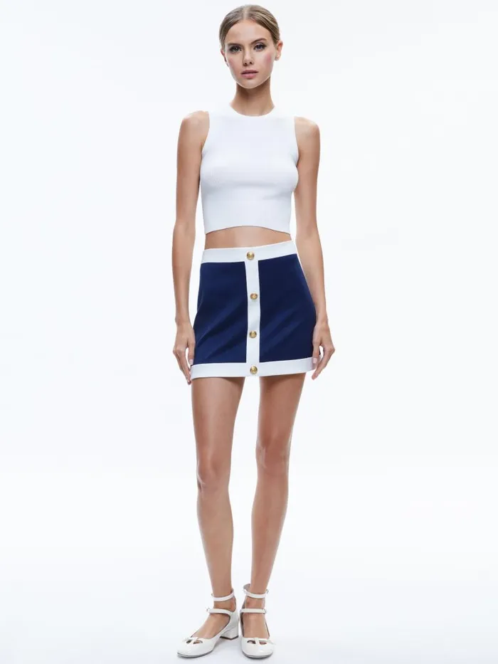 Alice Olivia COLTON COLORBLOCK BUTTON FRONT MINI SKIRT Indigooff White Women Skirts