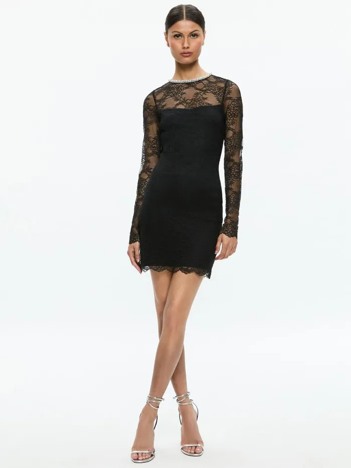 Alice Olivia DELORA EMBELLISHED NECK LONG SLEEVE LACE MINI DRESS Black Women Dresses