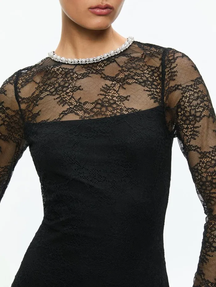 Alice Olivia DELORA EMBELLISHED NECK LONG SLEEVE LACE MINI DRESS Black Women Dresses