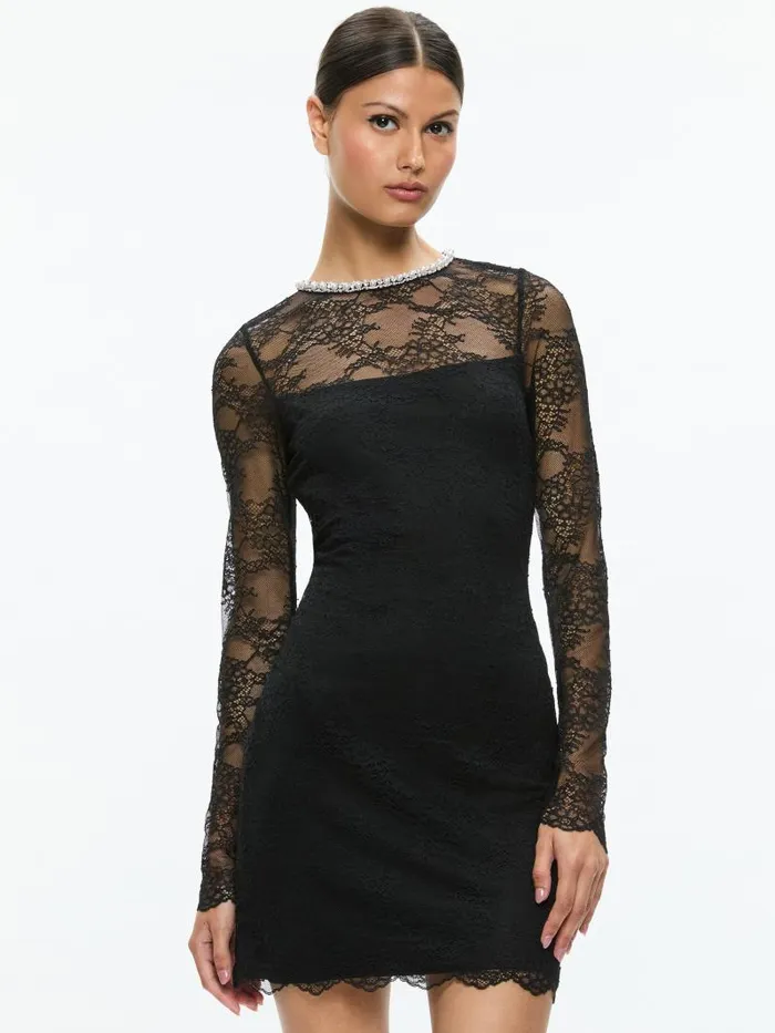 Alice Olivia DELORA EMBELLISHED NECK LONG SLEEVE LACE MINI DRESS Black Women Dresses