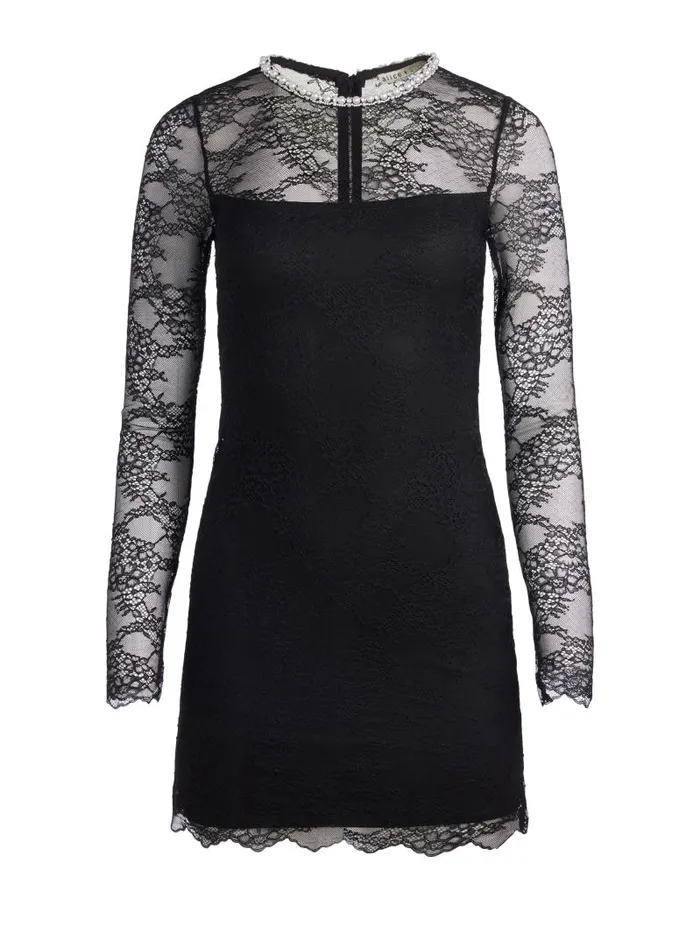 Alice Olivia DELORA EMBELLISHED NECK LONG SLEEVE LACE MINI DRESS Black Women Dresses