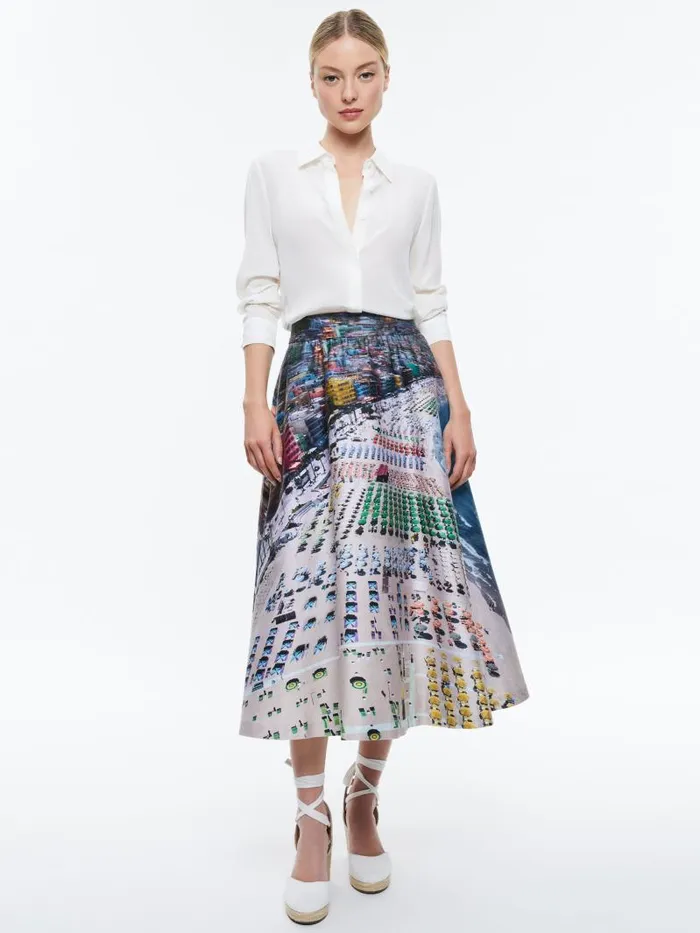 Alice Olivia EARLA HIGH RISE FLARE SKIRT Whispering Waves Women Skirts