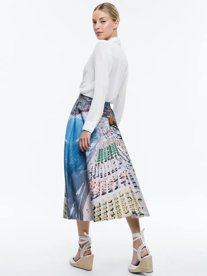 Alice Olivia EARLA HIGH RISE FLARE SKIRT Whispering Waves Women Skirts