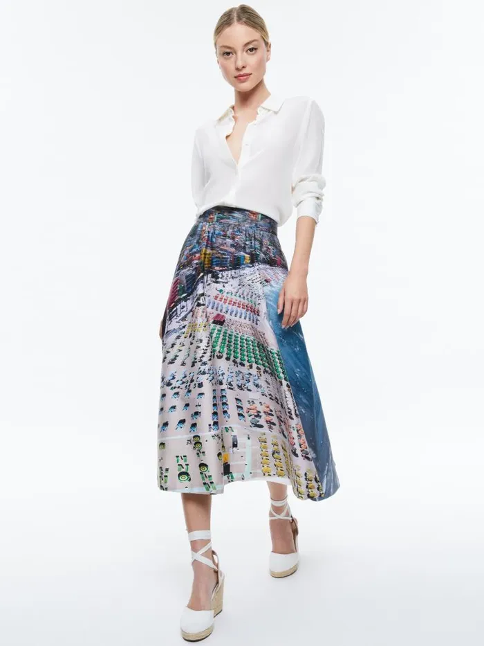 Alice Olivia EARLA HIGH RISE FLARE SKIRT Whispering Waves Women Skirts