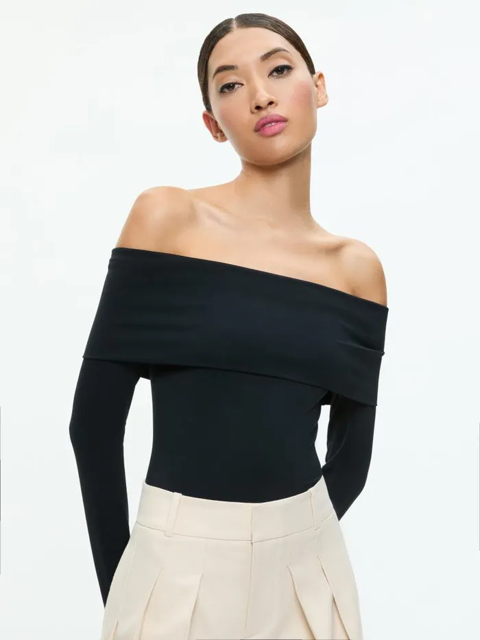 Alice Olivia ELIA OFF THE SHOULDER BODYSUIT Black Women Tops